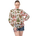 Christmas Texture, Pattern, Red, Tree, Craciun, Green, Christmas High Neck Long Sleeve Chiffon Top