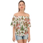 Christmas Texture, Pattern, Red, Tree, Craciun, Green, Christmas Off Shoulder Short Sleeve Top