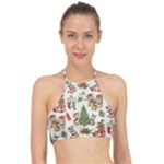 Christmas Texture, Pattern, Red, Tree, Craciun, Green, Christmas Halter Bikini Top