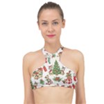 Christmas Texture, Pattern, Red, Tree, Craciun, Green, Christmas High Neck Bikini Top