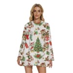 Christmas Texture, Pattern, Red, Tree, Craciun, Green, Christmas Round Neck Long Sleeve Bohemian Style Chiffon Mini Dress