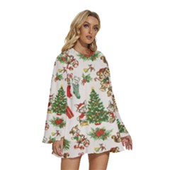 Round Neck Long Sleeve Bohemian Style Chiffon Mini Dress 