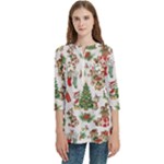 Christmas Texture, Pattern, Red, Tree, Craciun, Green, Christmas Women s Zip Front V-Neck 3/4 Sleeve Casual Top Pocket Shirt