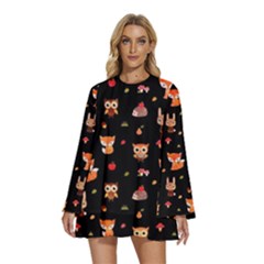 Round Neck Long Sleeve Bohemian Style Chiffon Mini Dress 