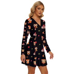 Long Sleeve Deep V Mini Dress  