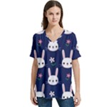 Cute Bunny Pattern, Easter, Koteto V-Neck Split Shoulder Casual T-Shirt