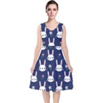 Cute Bunny Pattern, Easter, Koteto V-Neck Midi Sleeveless Dress 