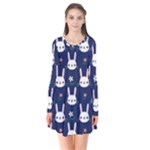 Cute Bunny Pattern, Easter, Koteto Long Sleeve V-neck Flare Dress