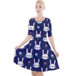 Cute Bunny Pattern, Easter, Koteto Quarter Sleeve A-Line Dress With Pockets