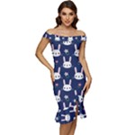 Cute Bunny Pattern, Easter, Koteto Off Shoulder Ruffle Split Hem Bodycon Dress