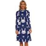 Cute Bunny Pattern, Easter, Koteto Long Sleeve Shirt Collar A-Line Dress