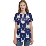 Cute Bunny Pattern, Easter, Koteto Women s Zip Front V-Neck Short Sleeve Casual Top Pocket Shirt