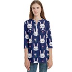 Cute Bunny Pattern, Easter, Koteto Women s Zip Front V-Neck 3/4 Sleeve Casual Top Pocket Shirt