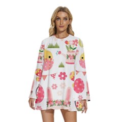 Round Neck Long Sleeve Bohemian Style Chiffon Mini Dress 