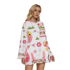 Round Neck Long Sleeve Bohemian Style Chiffon Mini Dress 