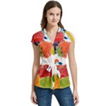 Fruits, Drip, Fruit, Paint, Spring Women s Cap Sleeve Mandarin Collar Waist Tie Blouse