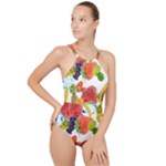 Fruits, Drip, Fruit, Paint, Spring High Neck One Piece Swimsuit