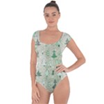 Green Christmas Trees, Cute, Doodle Short Sleeve Leotard 