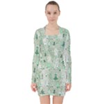 Green Christmas Trees, Cute, Doodle V-neck Bodycon Long Sleeve Dress