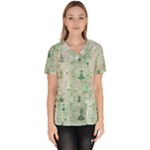 Green Christmas Trees, Cute, Doodle Women s V-Neck Scrub Top