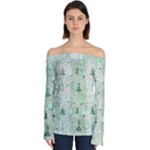 Green Christmas Trees, Cute, Doodle Off Shoulder Long Sleeve Top