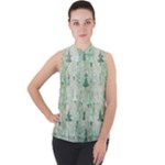 Green Christmas Trees, Cute, Doodle Mock Neck Chiffon Sleeveless Top