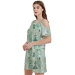 Green Christmas Trees, Cute, Doodle Women s Cold Shoulder Round Neck Mini Dress