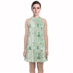 Green Christmas Trees, Cute, Doodle Velvet Halter Neckline Dress 