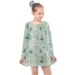 Green Christmas Trees, Cute, Doodle Kids  Long Sleeve Dress