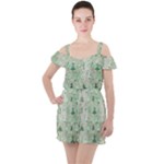 Green Christmas Trees, Cute, Doodle Ruffle Cut Out Chiffon Playsuit