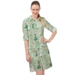 Green Christmas Trees, Cute, Doodle Long Sleeve Mini Shirt Dress