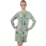 Green Christmas Trees, Cute, Doodle Long Sleeve Hoodie Dress