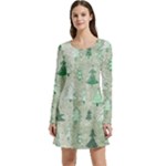 Green Christmas Trees, Cute, Doodle Long Sleeve Velour Skater Dress