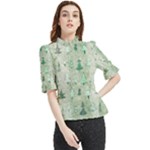 Green Christmas Trees, Cute, Doodle Frill Neck Blouse