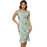 Green Christmas Trees, Cute, Doodle Off Shoulder Ruffle Split Hem Bodycon Dress