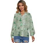 Green Christmas Trees, Cute, Doodle Women s Long Sleeve Button Up Shirt