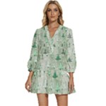 Green Christmas Trees, Cute, Doodle V-Neck Placket Mini Dress