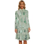 Green Christmas Trees, Cute, Doodle Long Sleeve Shirt Collar A-Line Dress