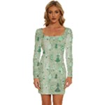 Green Christmas Trees, Cute, Doodle Long Sleeve Square Neck Bodycon Velvet Dress