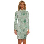 Green Christmas Trees, Cute, Doodle Long Sleeve Shirt Collar Bodycon Dress