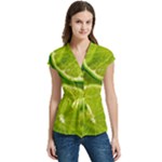 Lime Slices Close Up, Fresh, Fruit, Green Lemon Women s Cap Sleeve Mandarin Collar Waist Tie Blouse