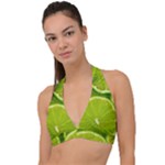 Lime Slices Close Up, Fresh, Fruit, Green Lemon Halter Plunge Bikini Top