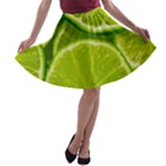 Lime Slices Close Up, Fresh, Fruit, Green Lemon A-line Skater Skirt