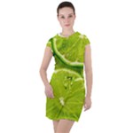 Lime Slices Close Up, Fresh, Fruit, Green Lemon Drawstring Hooded Dress