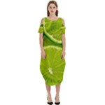 Lime Slices Close Up, Fresh, Fruit, Green Lemon Cold Shoulder Loose Fit Dress With Pockets