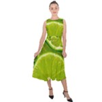 Lime Slices Close Up, Fresh, Fruit, Green Lemon Midi Tie-Back Chiffon Dress