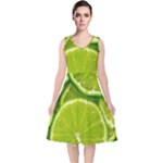 Lime Slices Close Up, Fresh, Fruit, Green Lemon V-Neck Midi Sleeveless Dress 