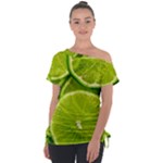 Lime Slices Close Up, Fresh, Fruit, Green Lemon Off Shoulder Tie-Up T-Shirt