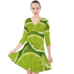 Lime Slices Close Up, Fresh, Fruit, Green Lemon Quarter Sleeve Front Wrap Dress