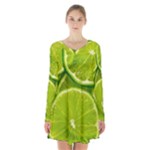 Lime Slices Close Up, Fresh, Fruit, Green Lemon Long Sleeve Velvet V-neck Dress